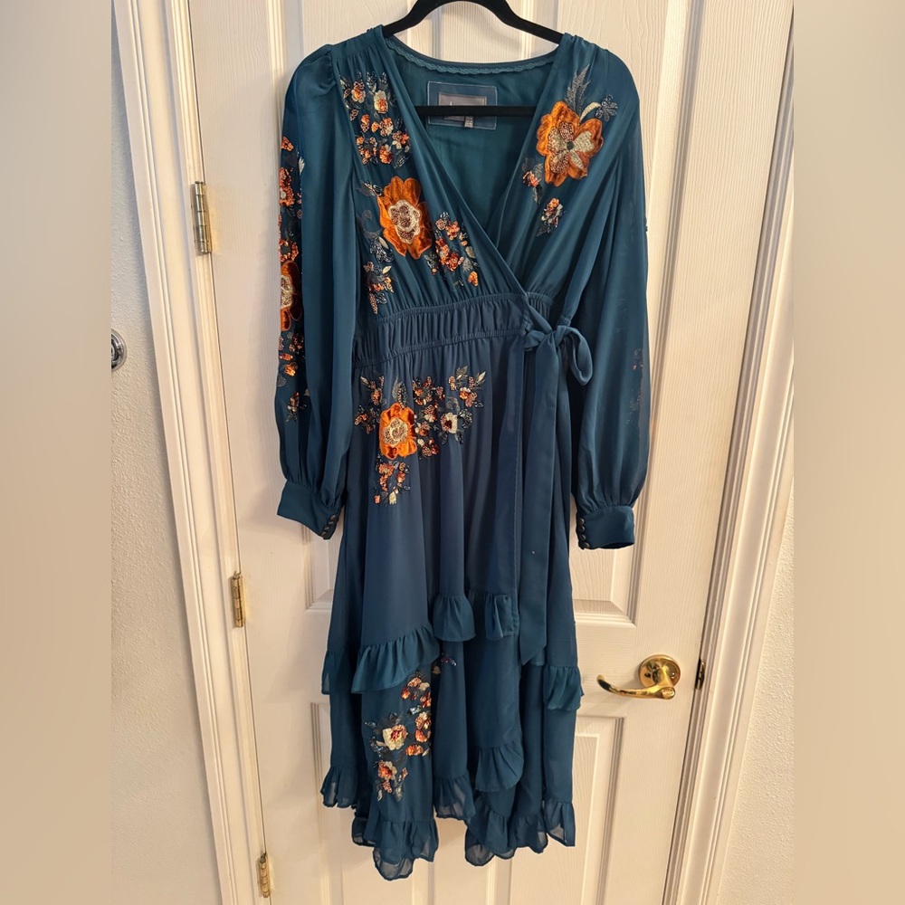 Anthropologie Teal Floral Wrap Maxi Dress with Orange Embroidery